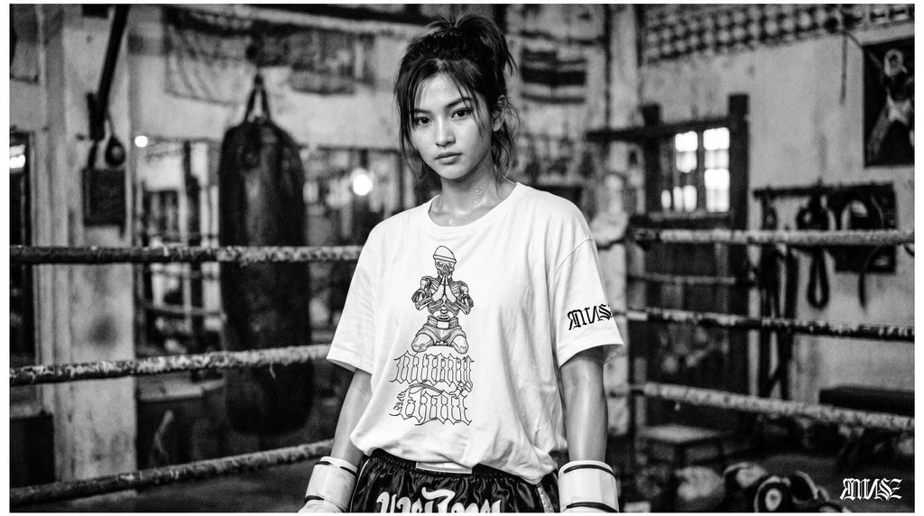 "MuayThai" Unisex Bio - T-Shirt Weiss mit Rippkragen - rmnsz.store