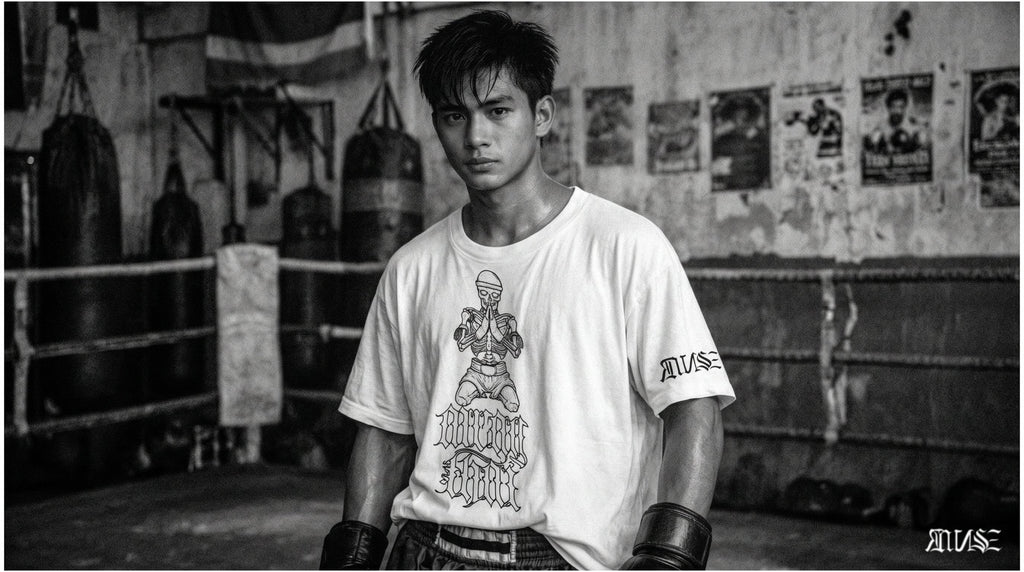 "MuayThai" Unisex Bio - T-Shirt Weiss mit Rippkragen - rmnsz.store