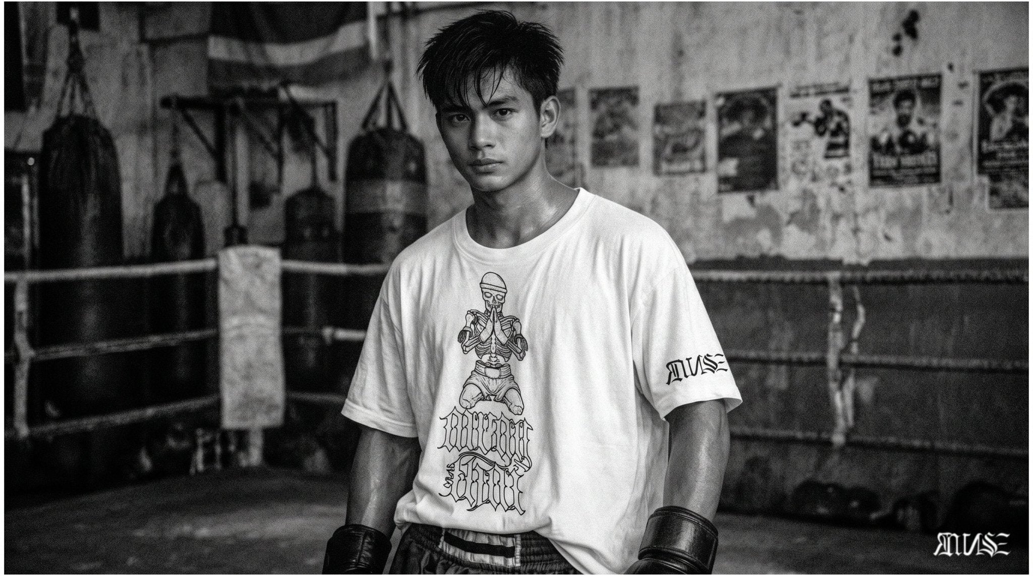 "MuayThai" Unisex Bio - T-Shirt Weiss mit Rippkragen - rmnsz.store