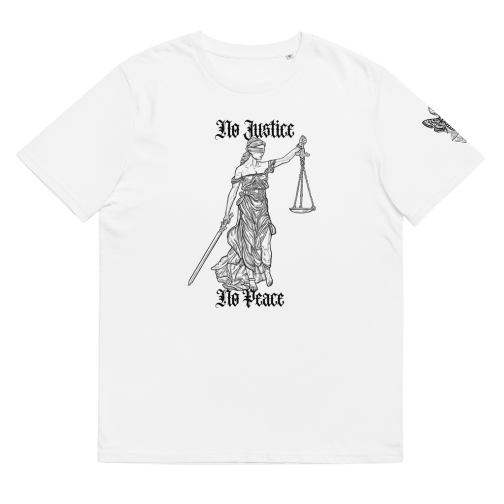 „No Justice“ Unisex Bio - T-Shirt Weiss mit Rippkragen - rmnsz.store