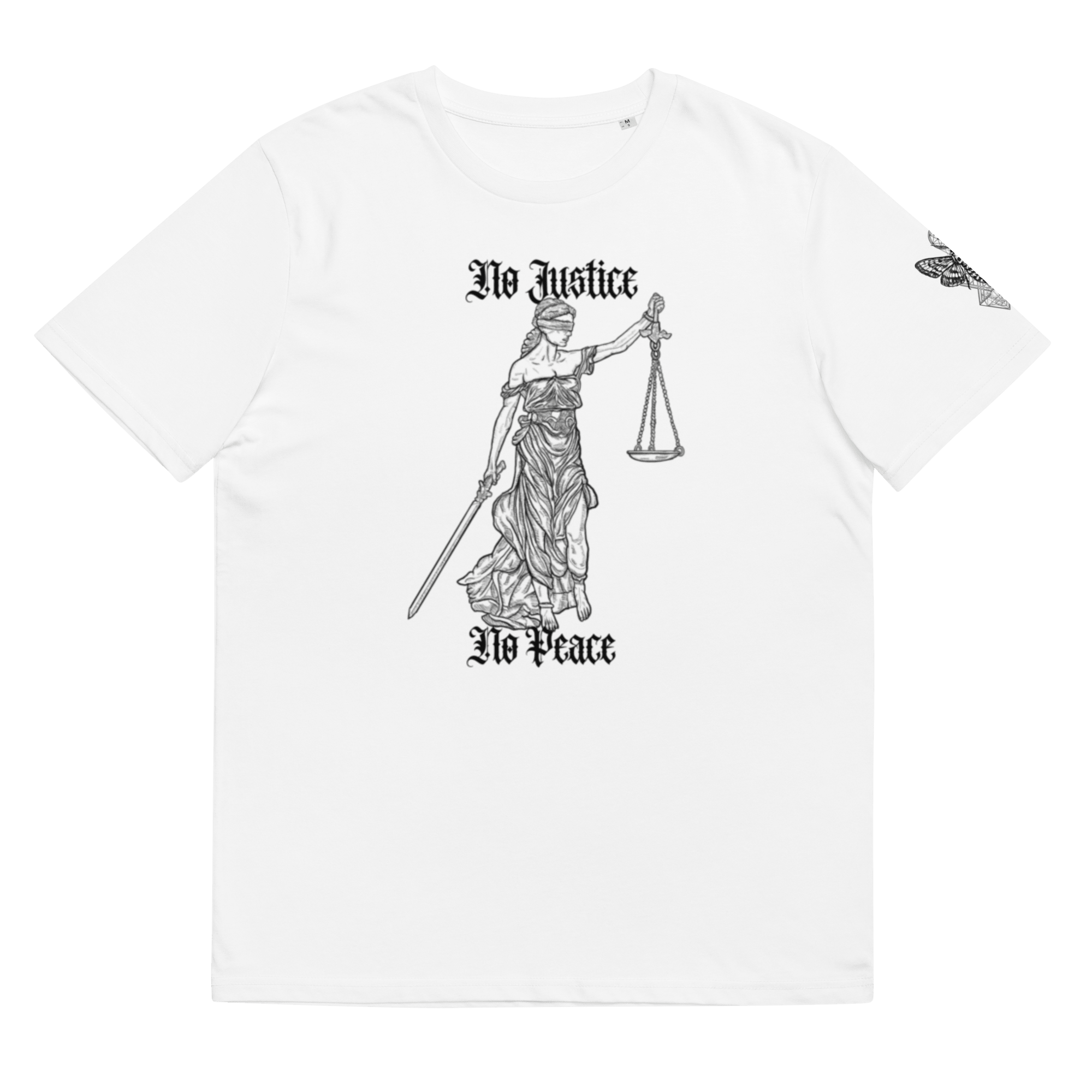 „No Justice“ Unisex Bio - T-Shirt Weiss mit Rippkragen - rmnsz.store