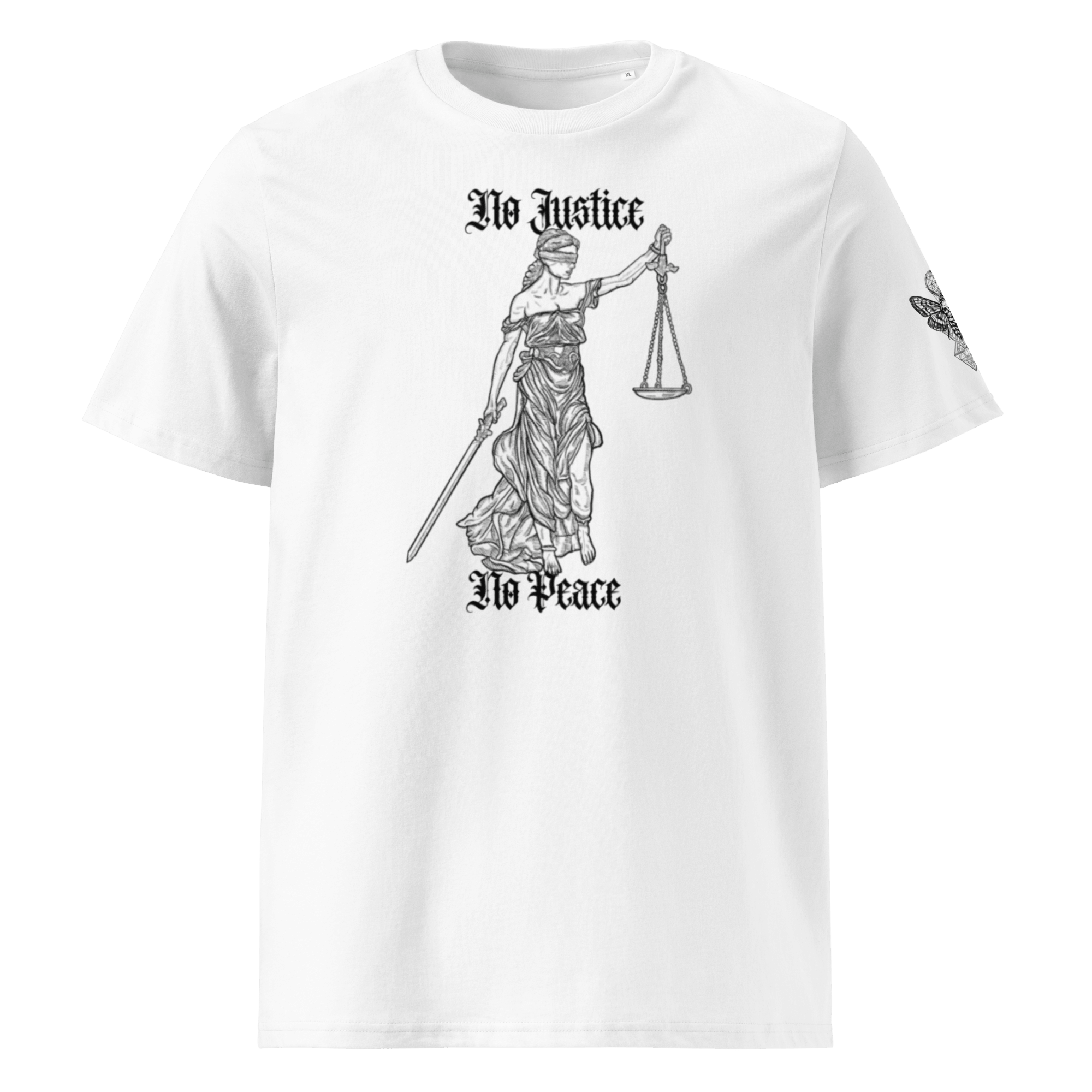 „No Justice“ Unisex Bio - T-Shirt Weiss mit Rippkragen - rmnsz.store