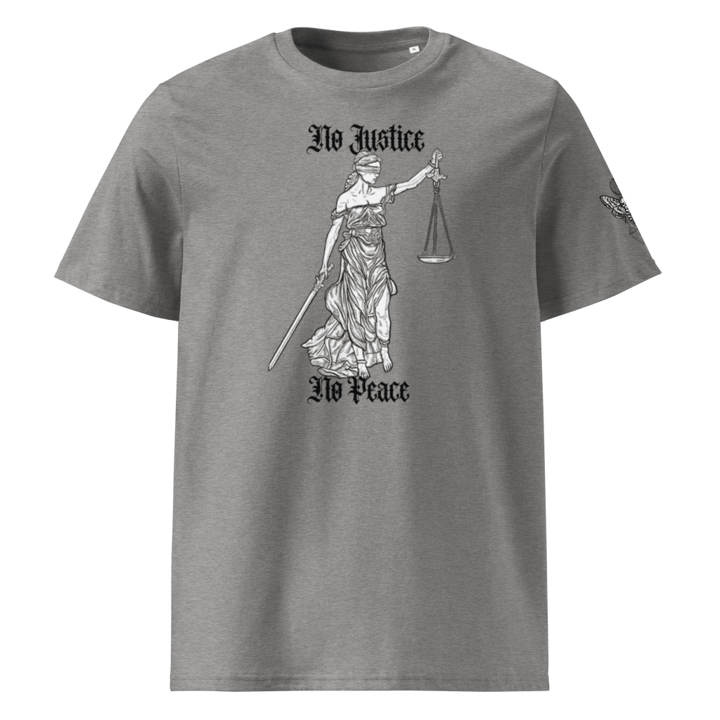 „No Justice“ Unisex Bio - T-Shirt Weiss mit Rippkragen - rmnsz.store