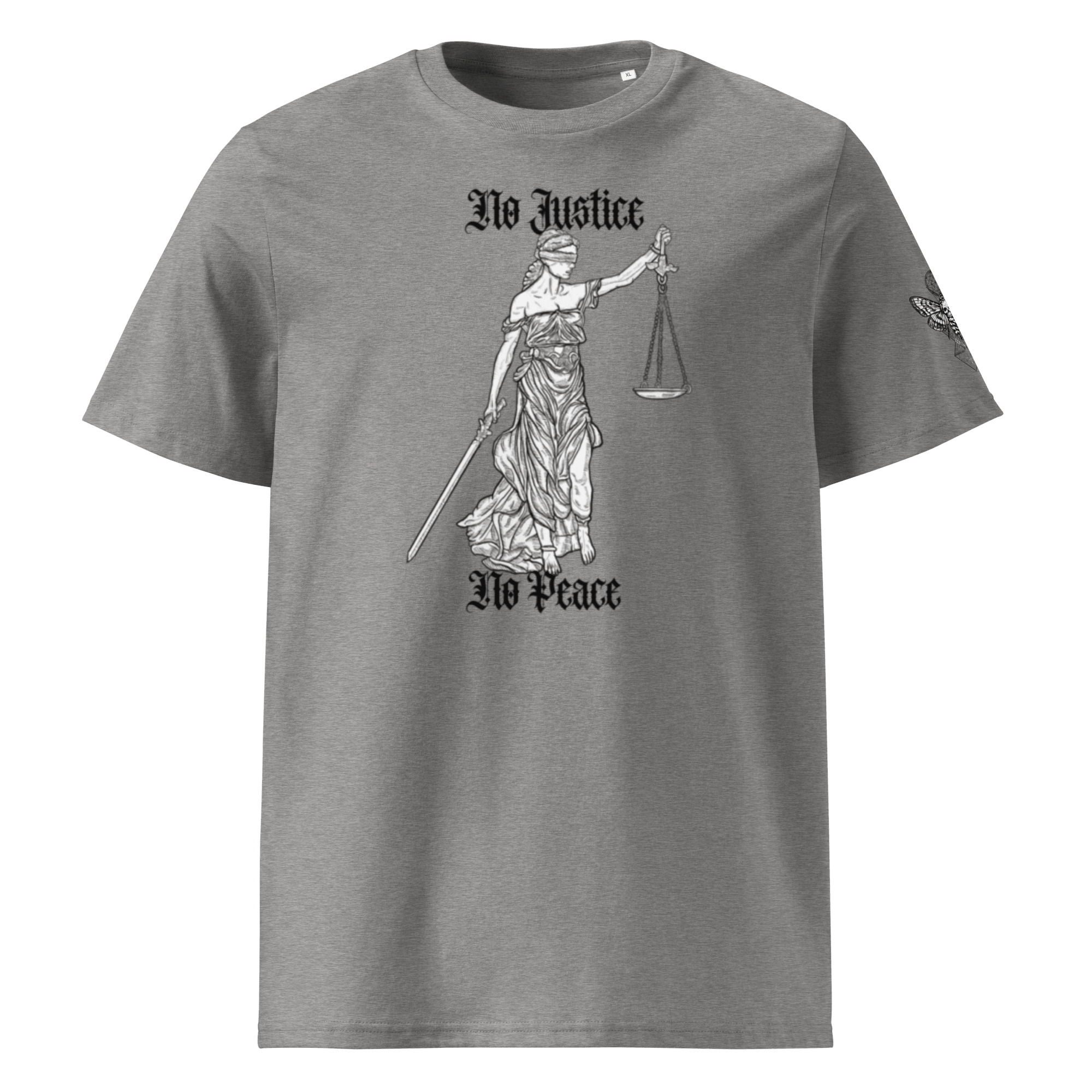 „No Justice“ Unisex Bio - T-Shirt Weiss mit Rippkragen - rmnsz.store